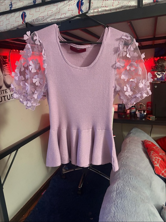 love scarlett Tops - Lavender Peplum Knit Top with Floral Sheer Puff Sleeves